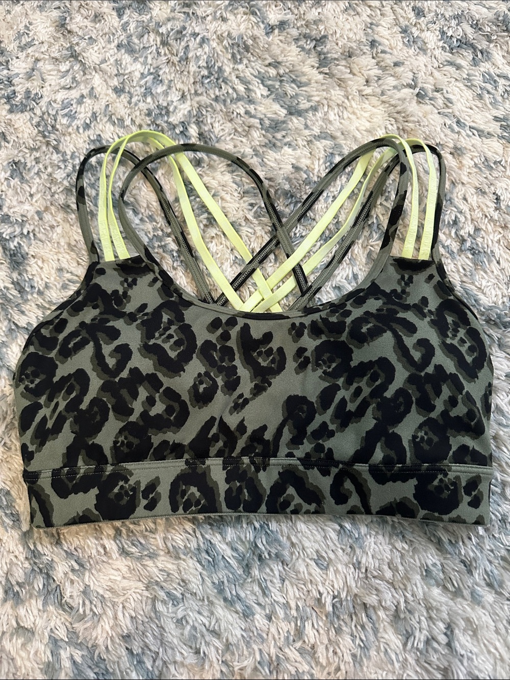 Victoria's Secret Green Leopard Print Strappy Sports Bra with Neon Yellow Straps